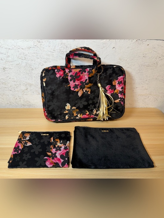 bebe Handbags - bebe Black Floral Cosmetic Travel Case Set with Pink & Gold Accents